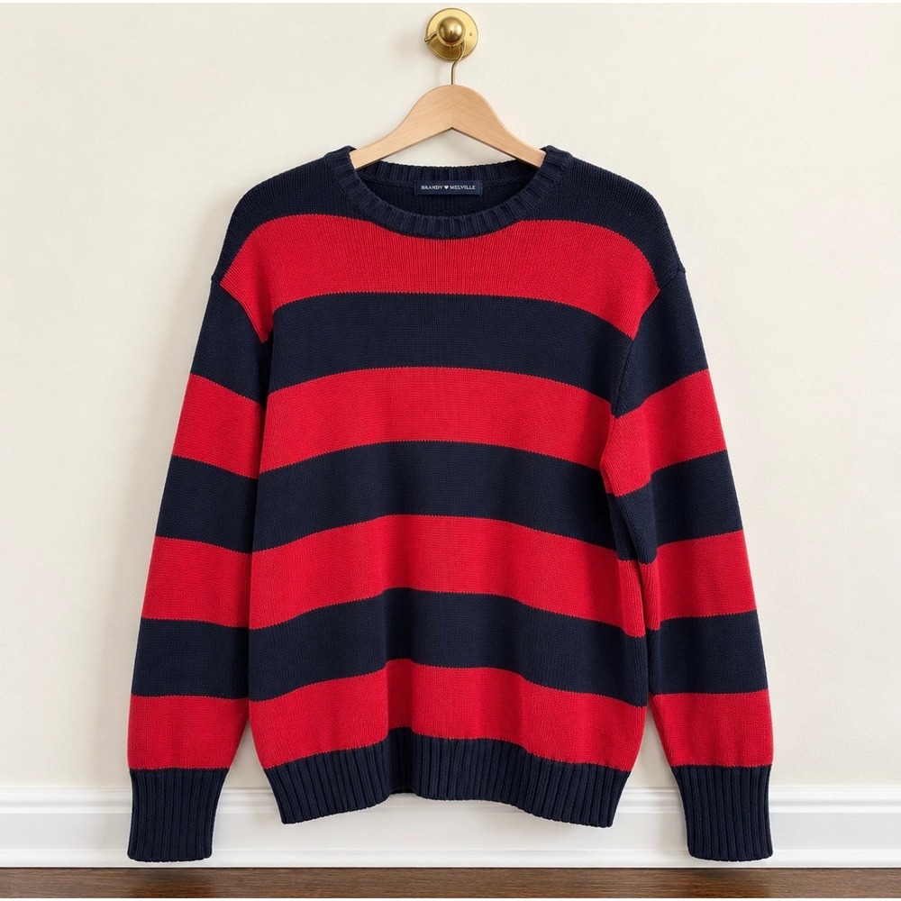 Brandy Melville Red Navy Blue Striped Cotton Knit Oversized Crewneck Sweater